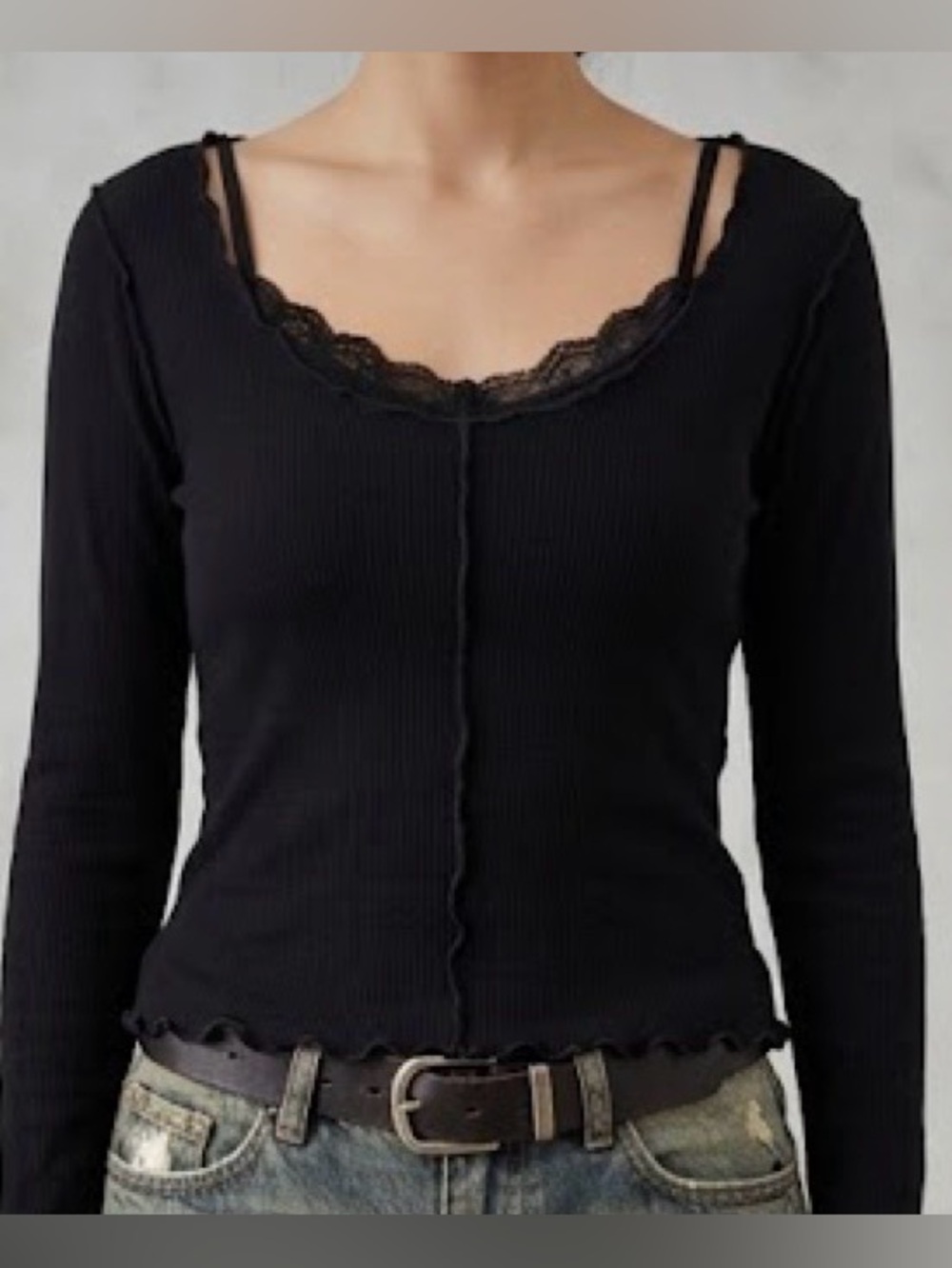 aerie Black Ribbed Lettuce-Edge Crewneck Long Sleeve